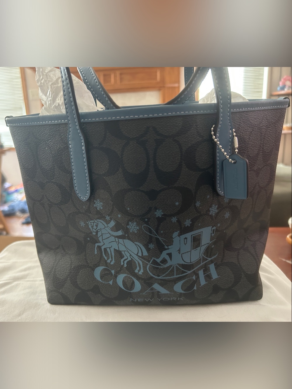 Coach Graphite Canvas Tote with Blue Trim and Coach Horse Carriage Graphic